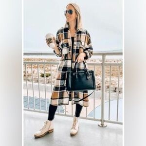 Women's Casual Lapel Button Down Long Plaid Shacket Brown (Various Sizes)- NWT